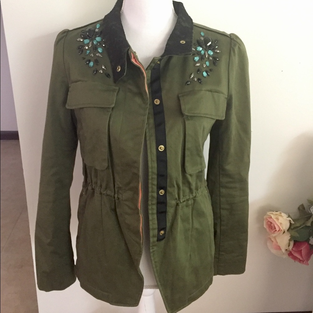 Egoist Edgy Military Green Bomber Jacket Embellished with Rhinestones Sz Small